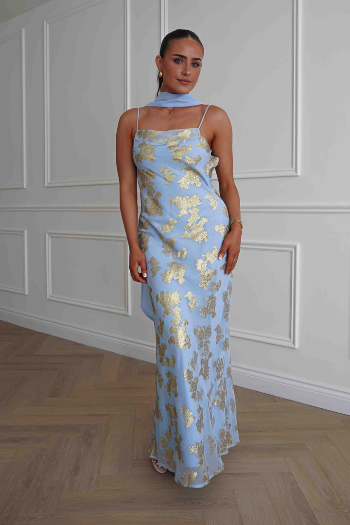 Auria Gold Textured Floral Applique Maxi Dress | Blue