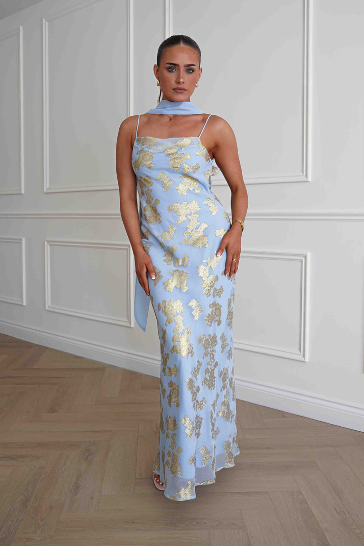 Auria Gold Textured Floral Applique Maxi Dress | Blue
