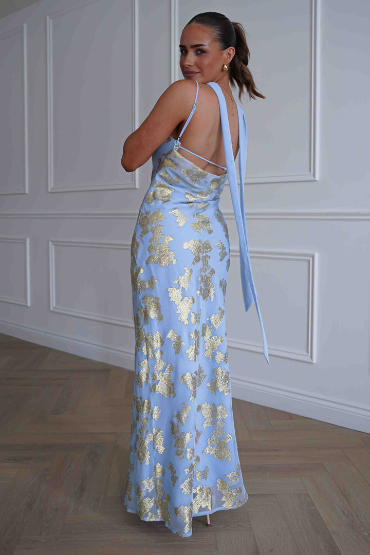 Auria Gold Textured Floral Applique Maxi Dress | Blue