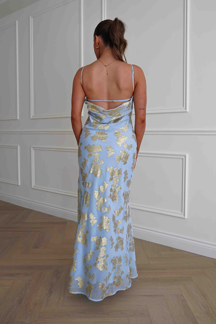 Auria Gold Textured Floral Applique Maxi Dress | Blue
