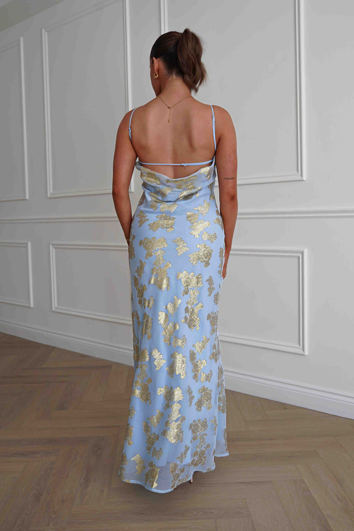 Auria Gold Textured Floral Applique Maxi Dress | Blue