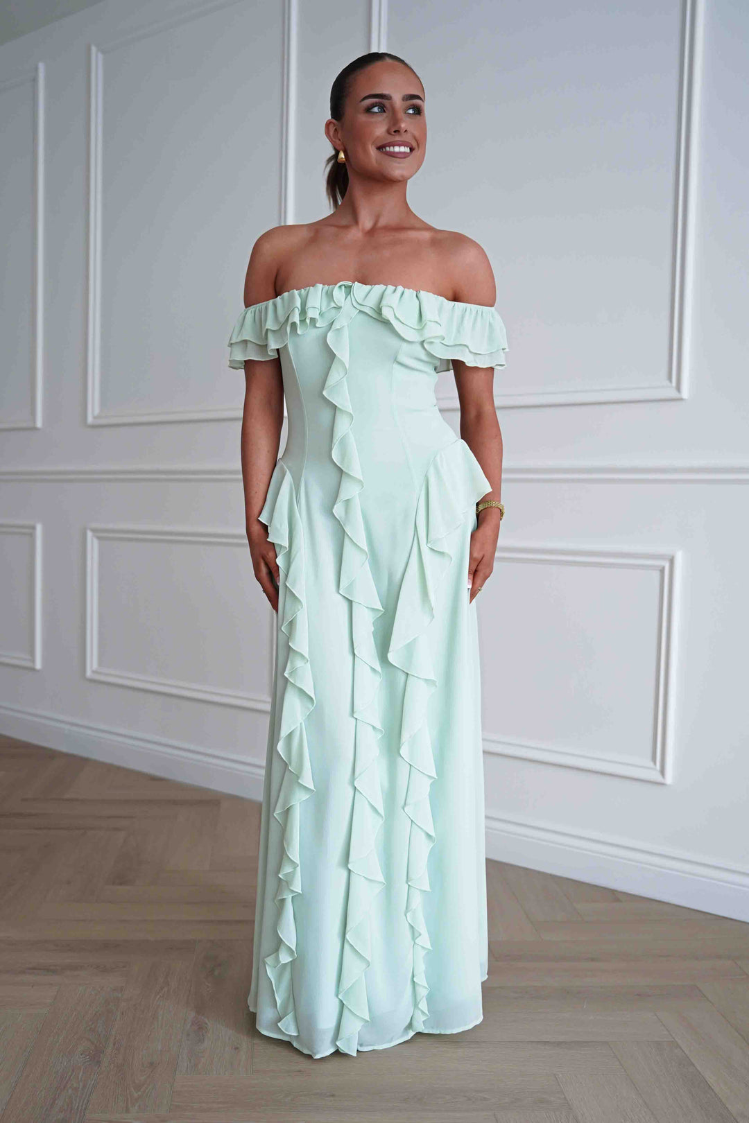 Billy Ruffle Detail Bardot Maxi Dress | Sage Green