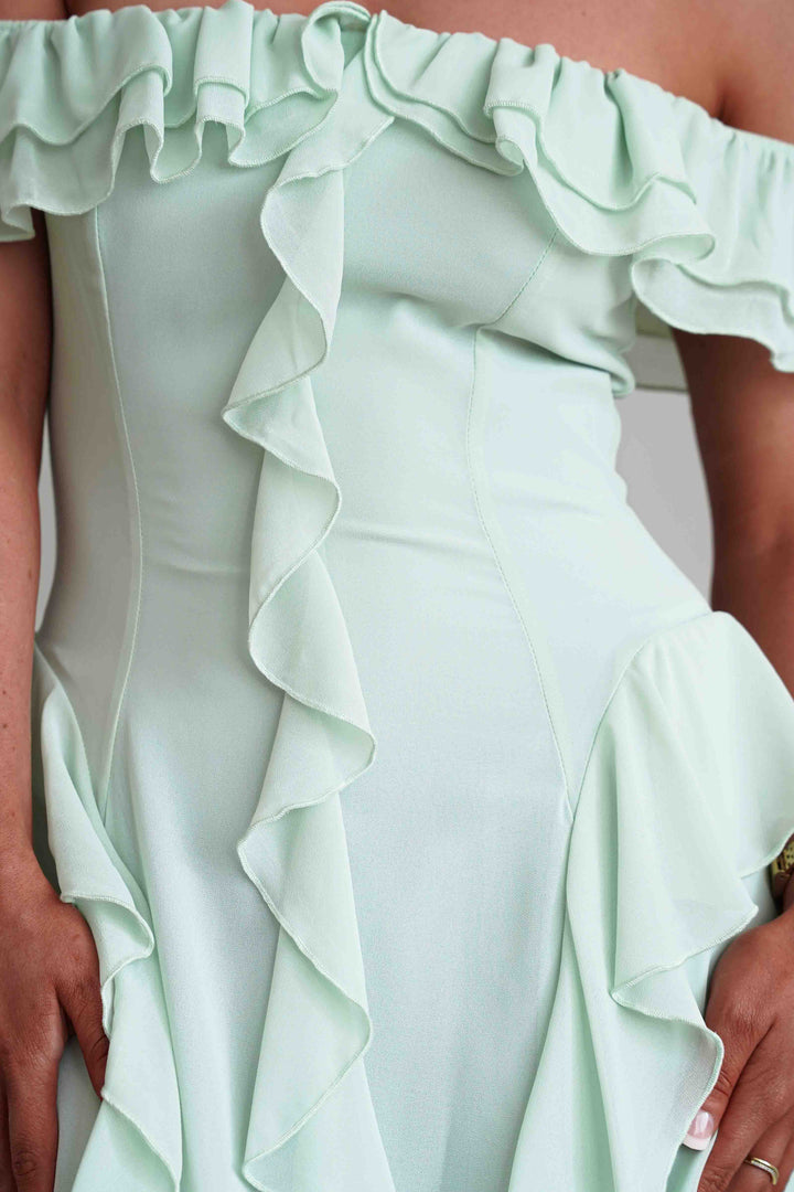 Billy Ruffle Detail Bardot Maxi Dress | Sage Green