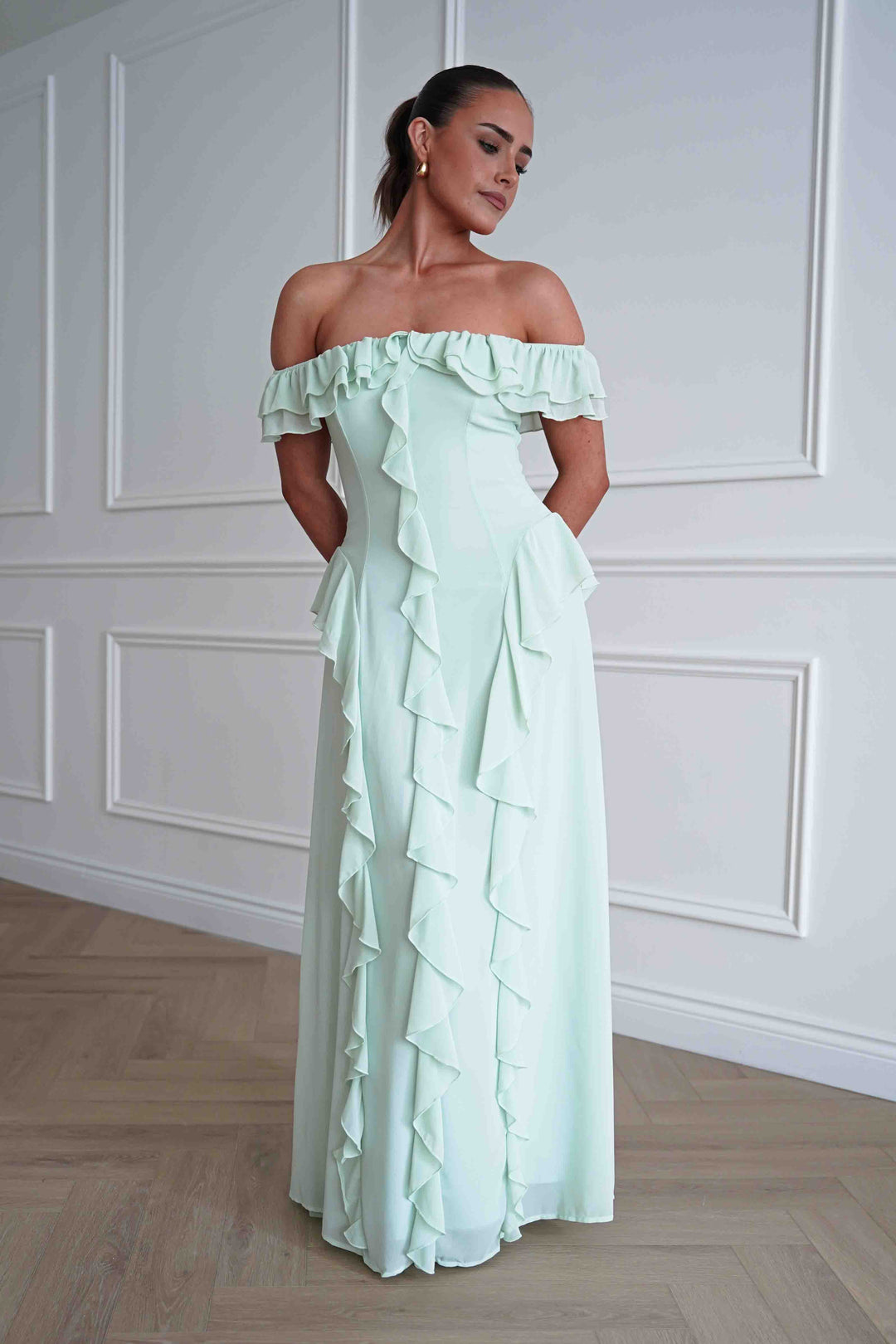Billy Ruffle Detail Bardot Maxi Dress | Sage Green