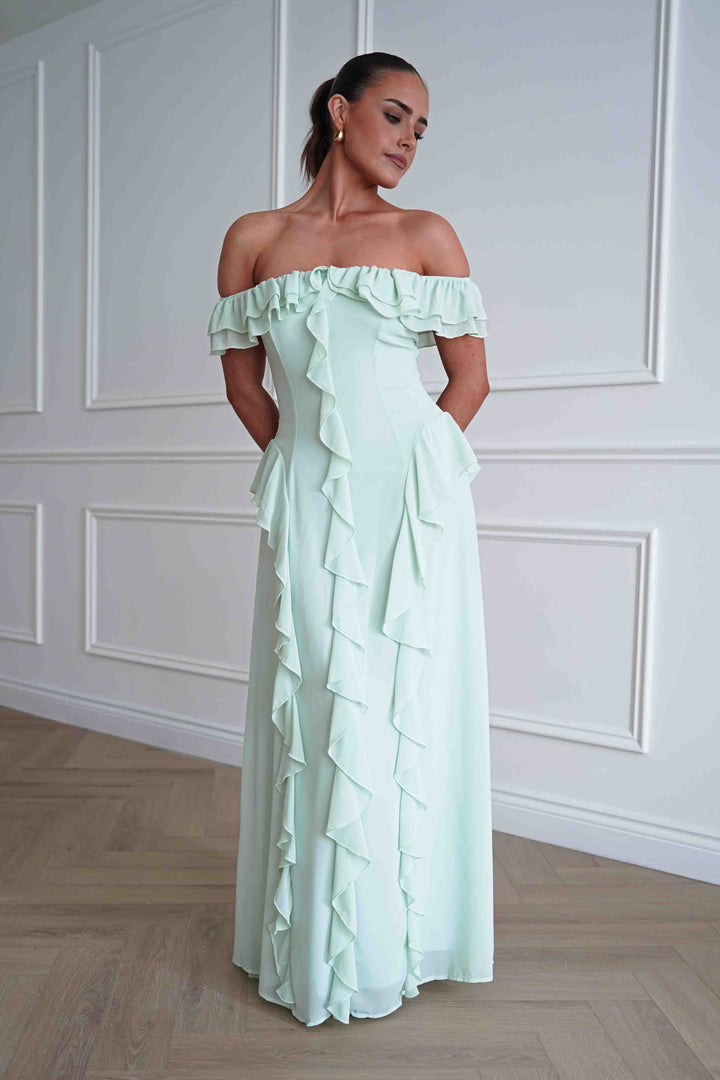 Billy Ruffle Detail Bardot Maxi Dress | Sage Green