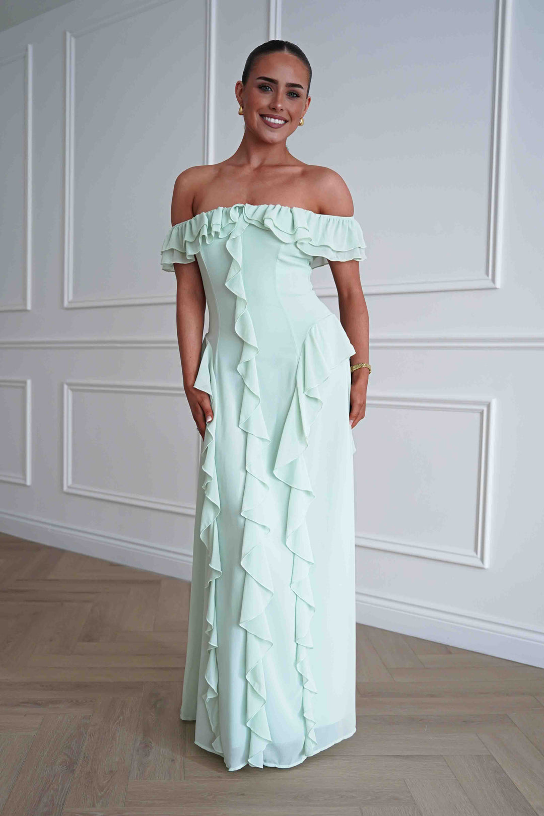 Billy Ruffle Detail Bardot Maxi Dress | Sage Green