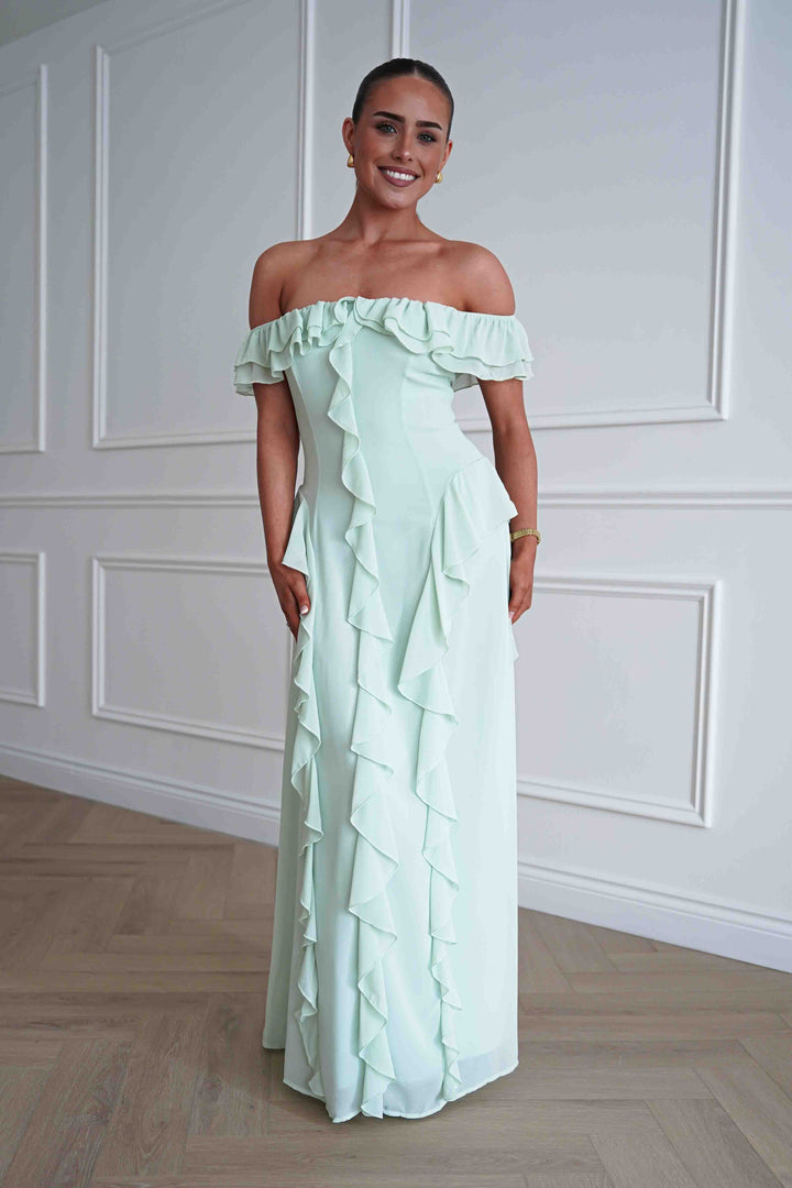 Billy Ruffle Detail Bardot Maxi Dress | Sage Green
