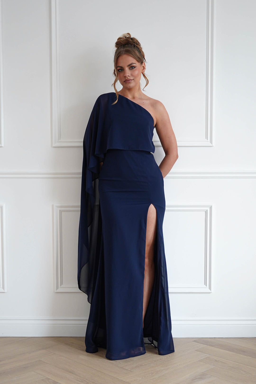 Criselda One Shoulder Chiffon Maxi Dress | Navy