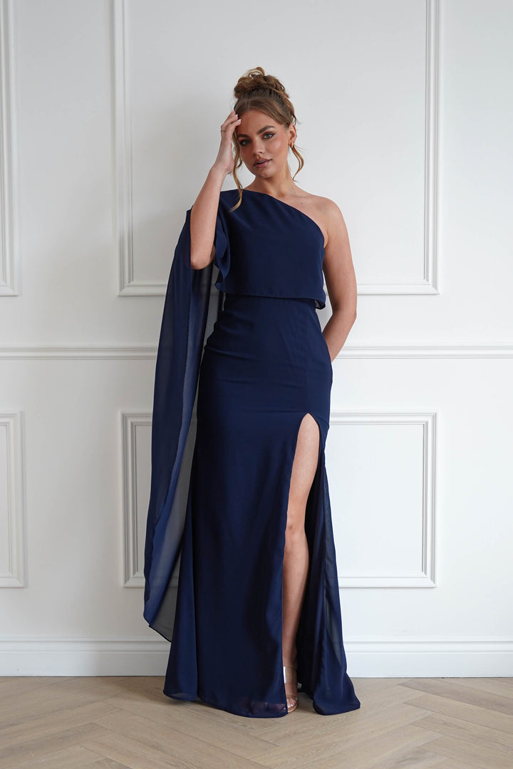 Criselda One Shoulder Chiffon Maxi Dress | Navy