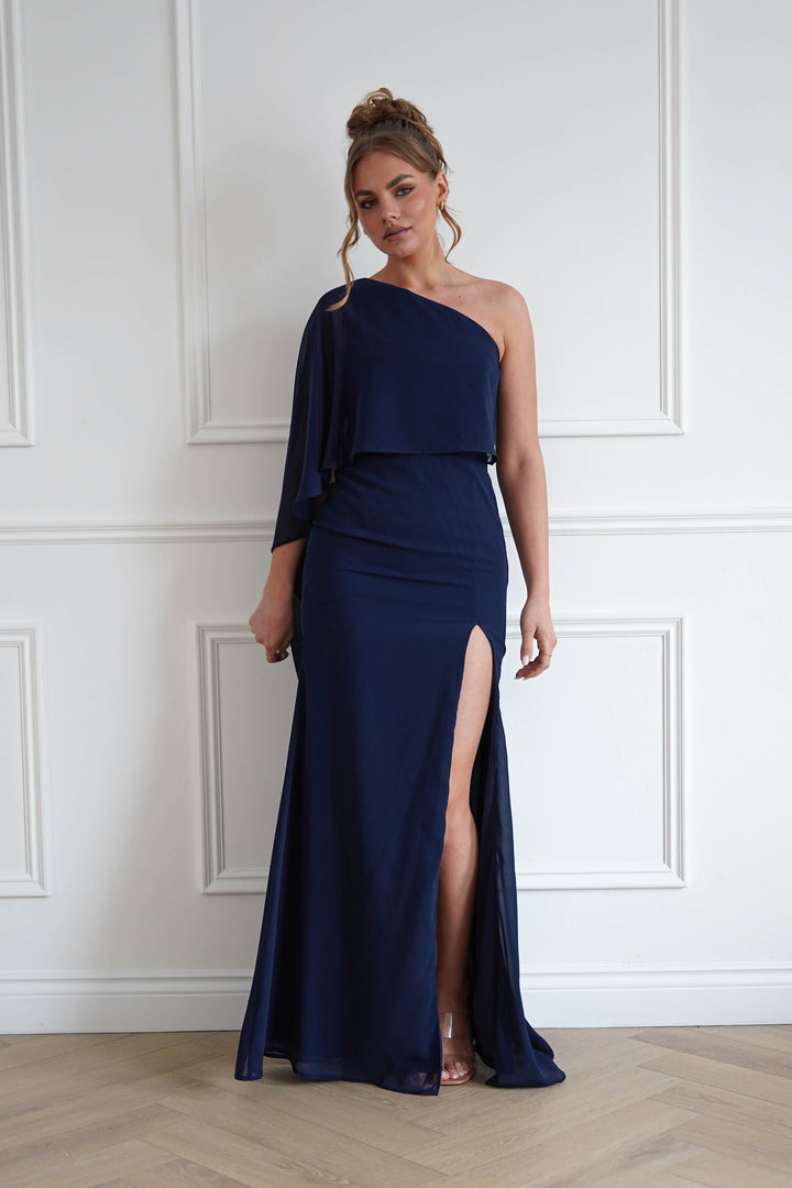 Criselda One Shoulder Chiffon Maxi Dress | Navy