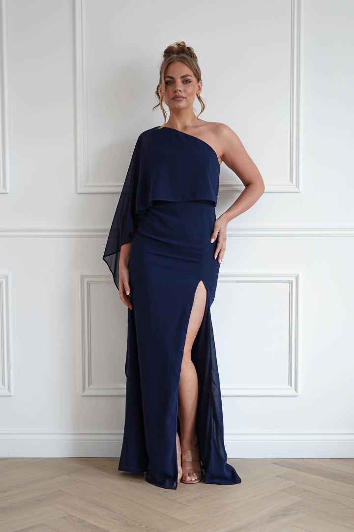 Criselda One Shoulder Chiffon Maxi Dress | Navy