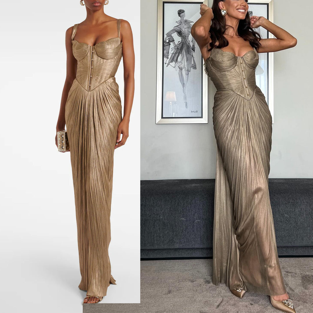 Bella™ Gold Glossy Pleated Corset Maxi Dress