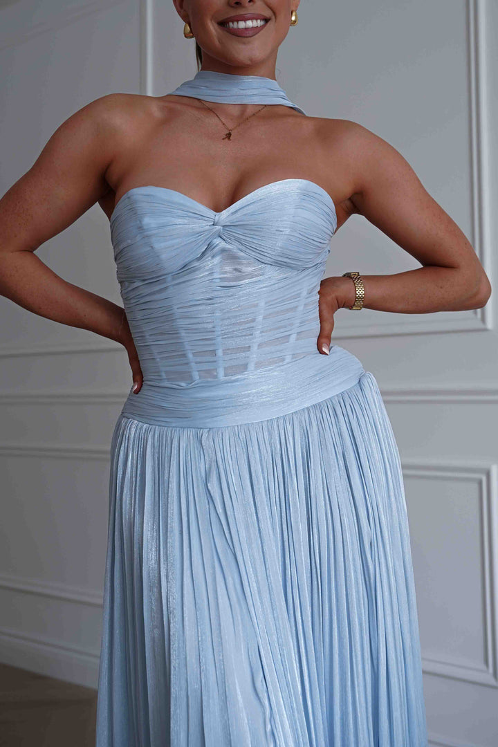 Longoria Pleated Luminescent Maxi Gown | Blue