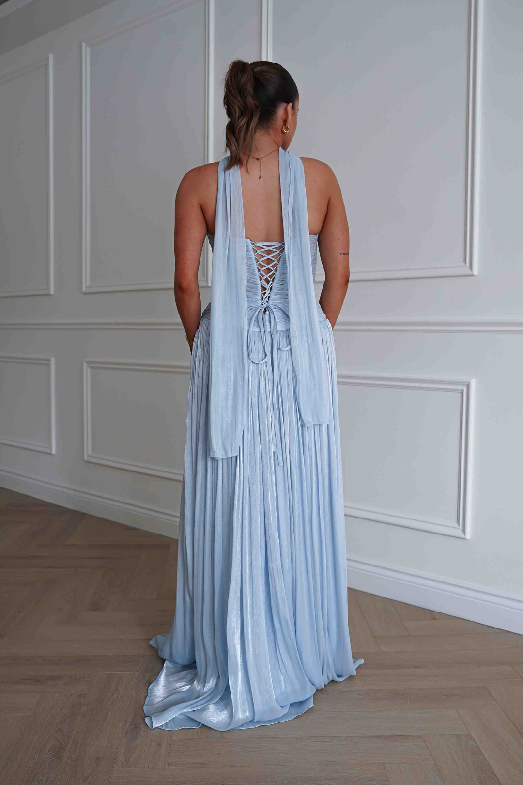 Longoria Pleated Luminescent Maxi Gown | Blue