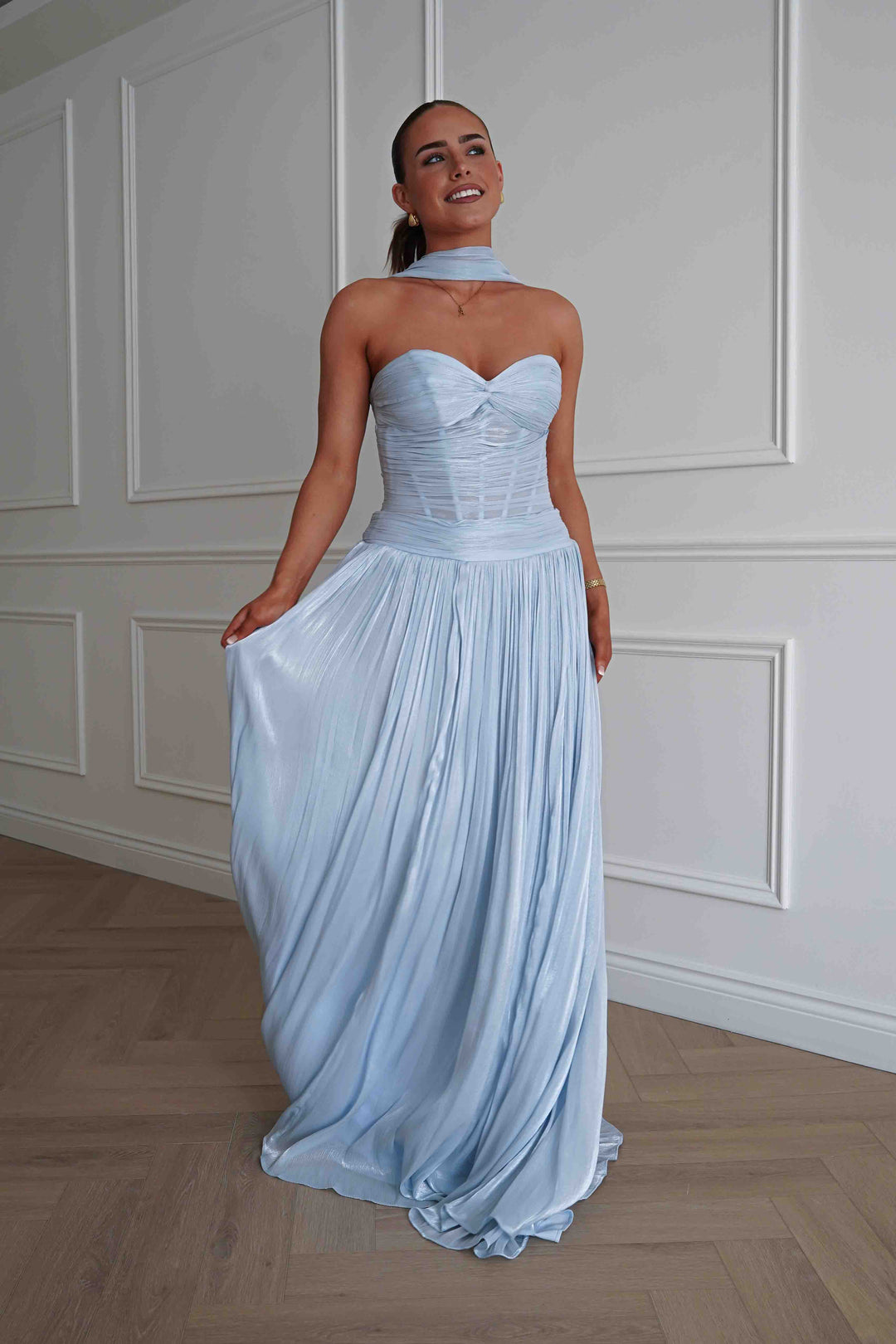 Longoria Pleated Luminescent Maxi Gown | Blue