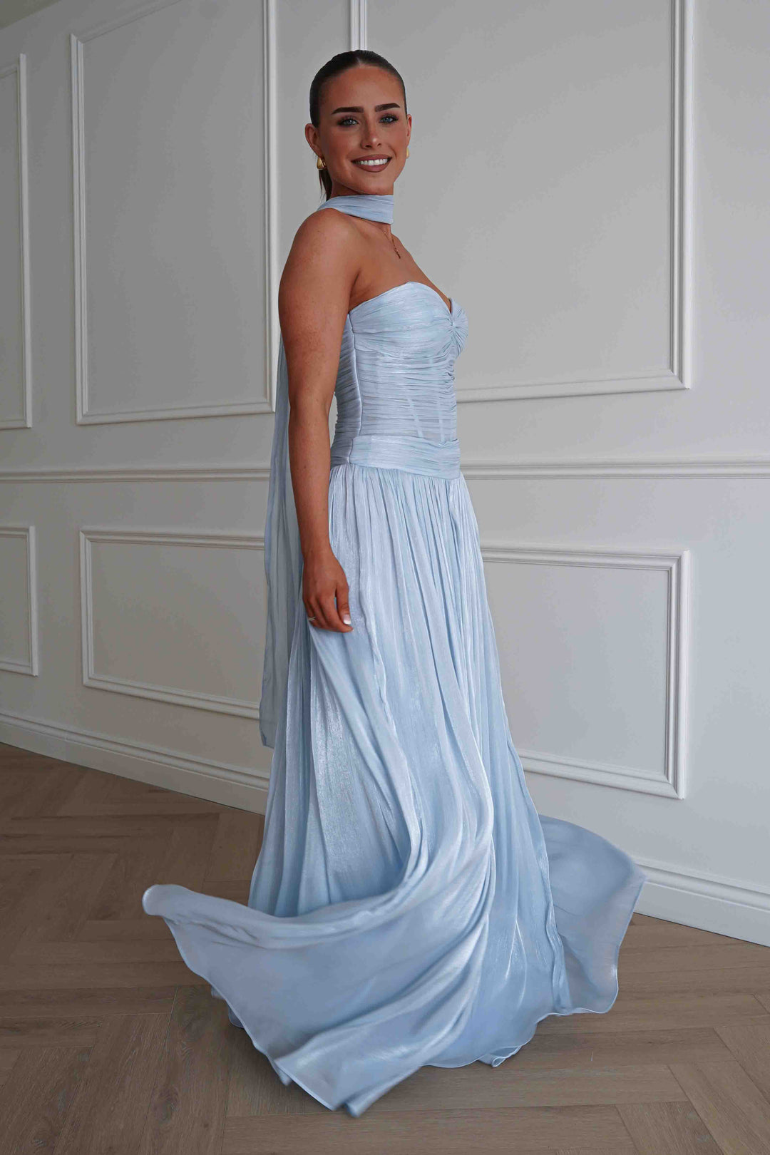 Longoria Pleated Luminescent Maxi Gown | Blue