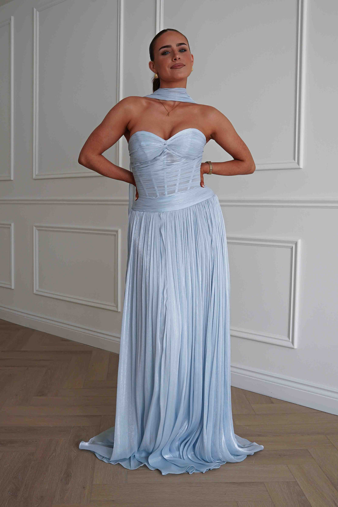 Longoria Pleated Luminescent Maxi Gown | Blue