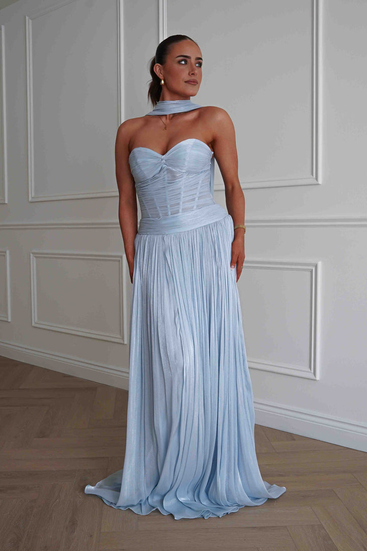 Longoria Pleated Luminescent Maxi Gown | Blue