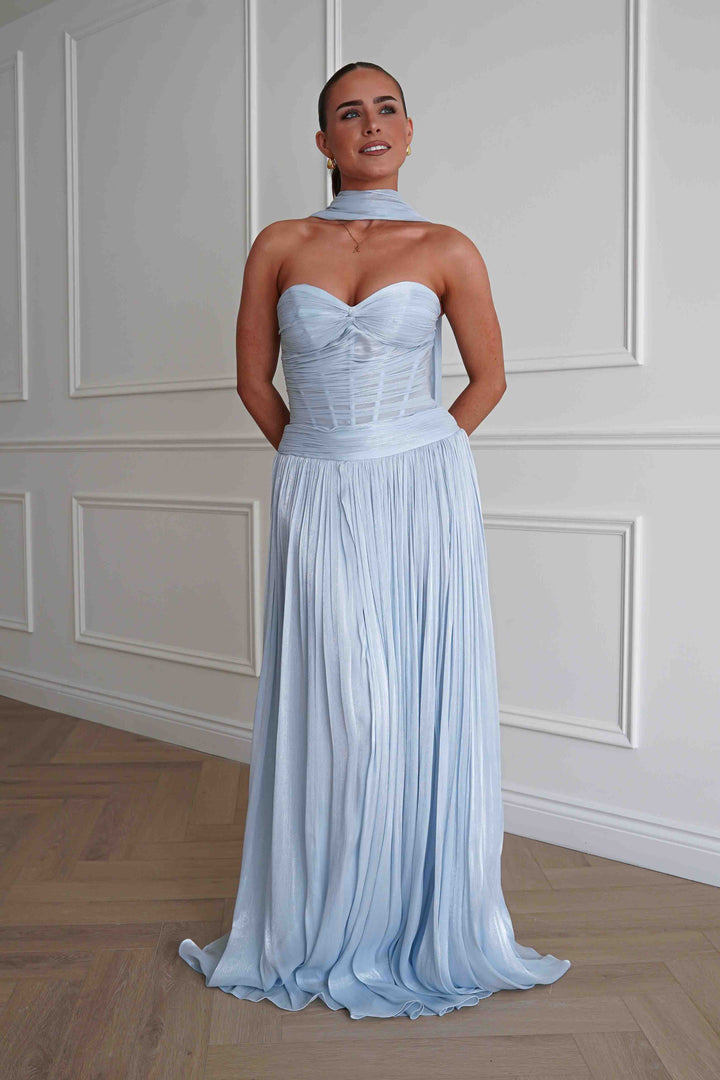 Longoria Pleated Luminescent Maxi Gown | Blue