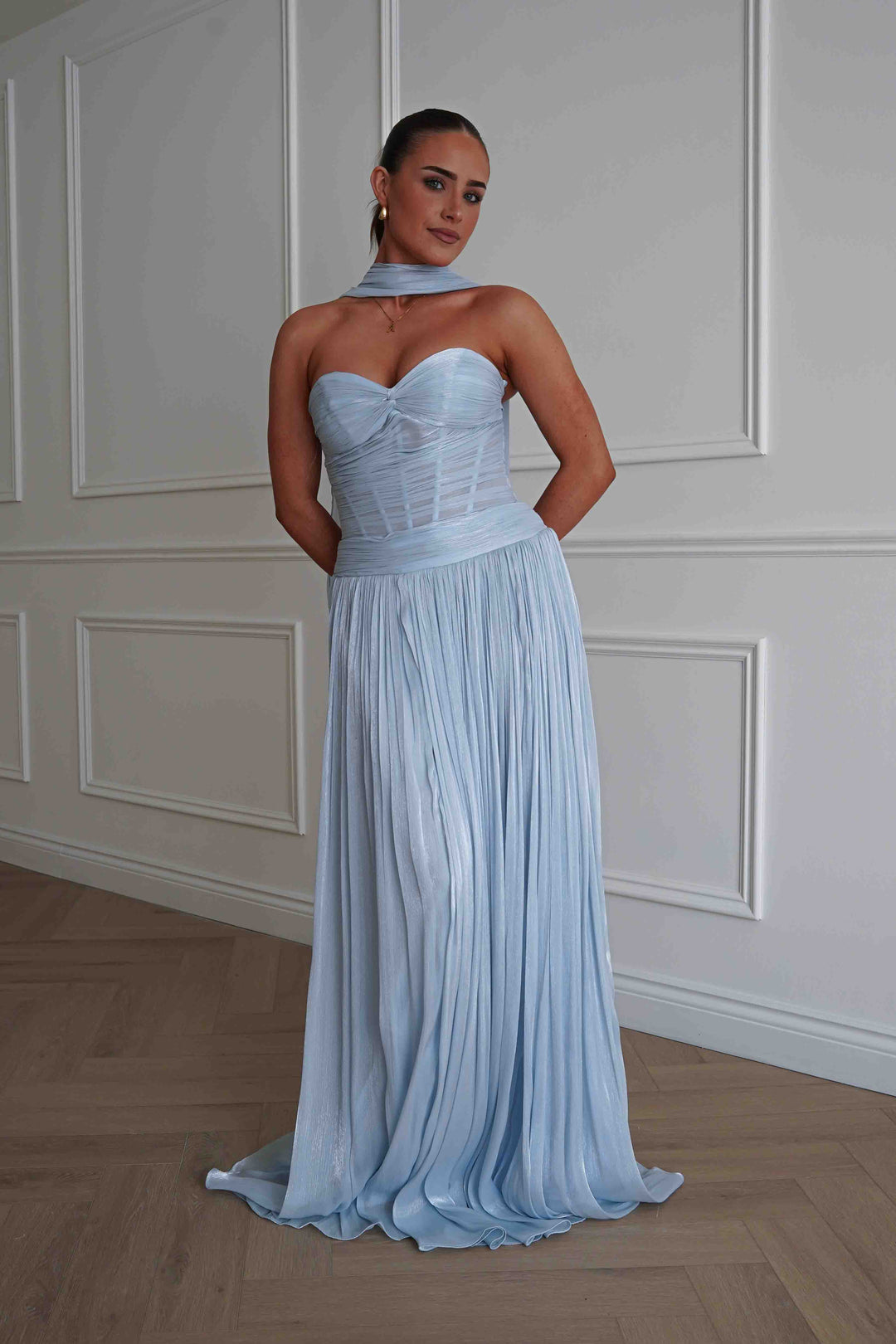 Longoria Pleated Luminescent Maxi Gown | Blue