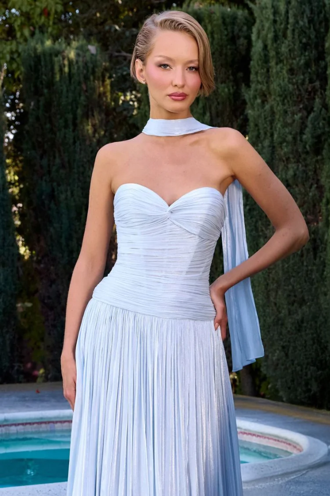 Longoria Pleated Luminescent Maxi Gown | Blue