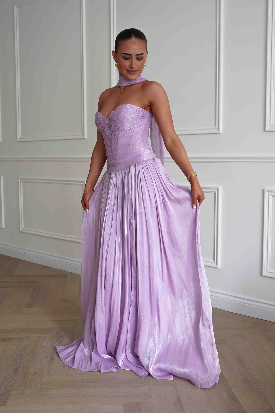 Longoria Pleated Luminescent Maxi Gown | Lavender