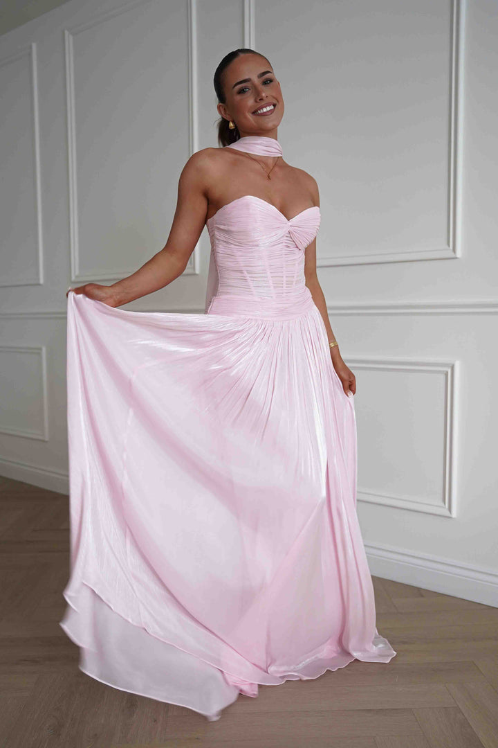 Longoria Pleated Luminescent Maxi Gown | Pink