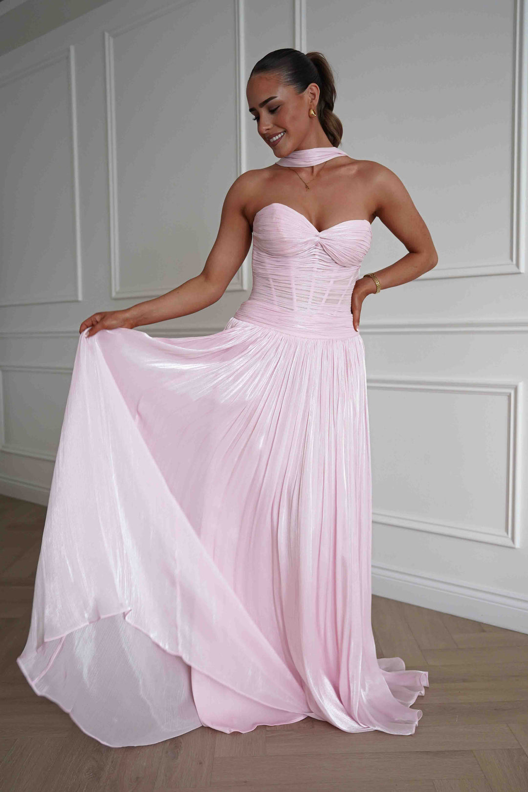 Longoria Pleated Luminescent Maxi Gown | Pink