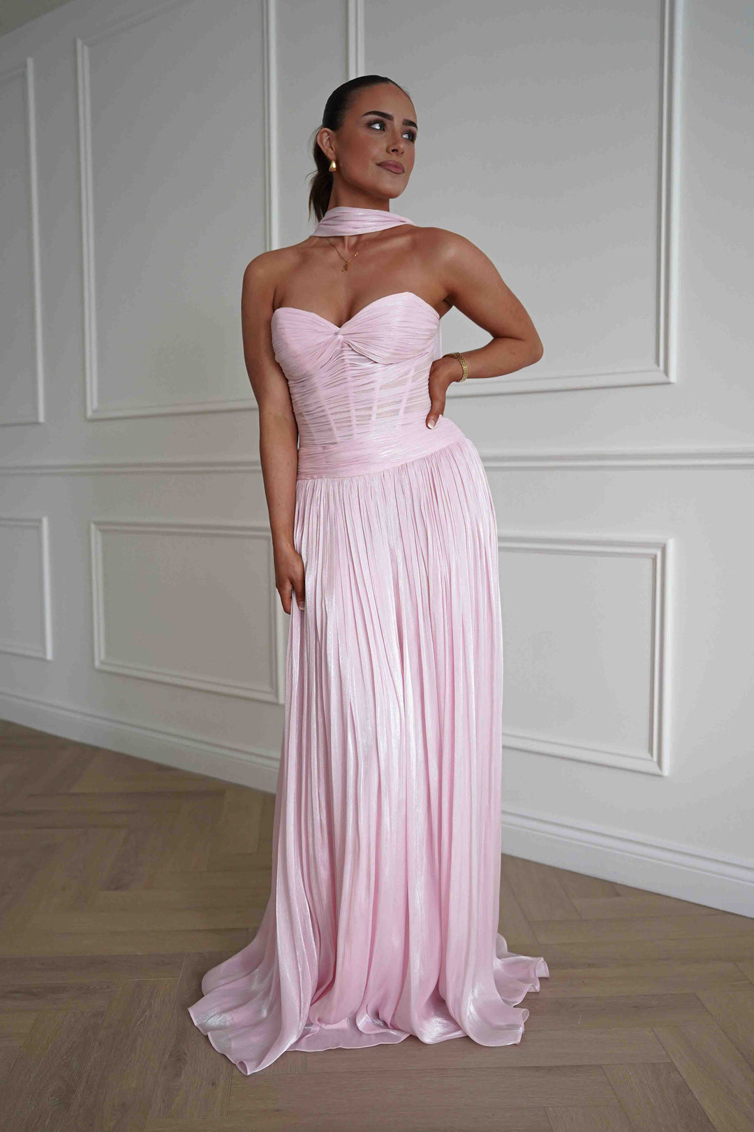 Longoria Pleated Luminescent Maxi Gown | Pink