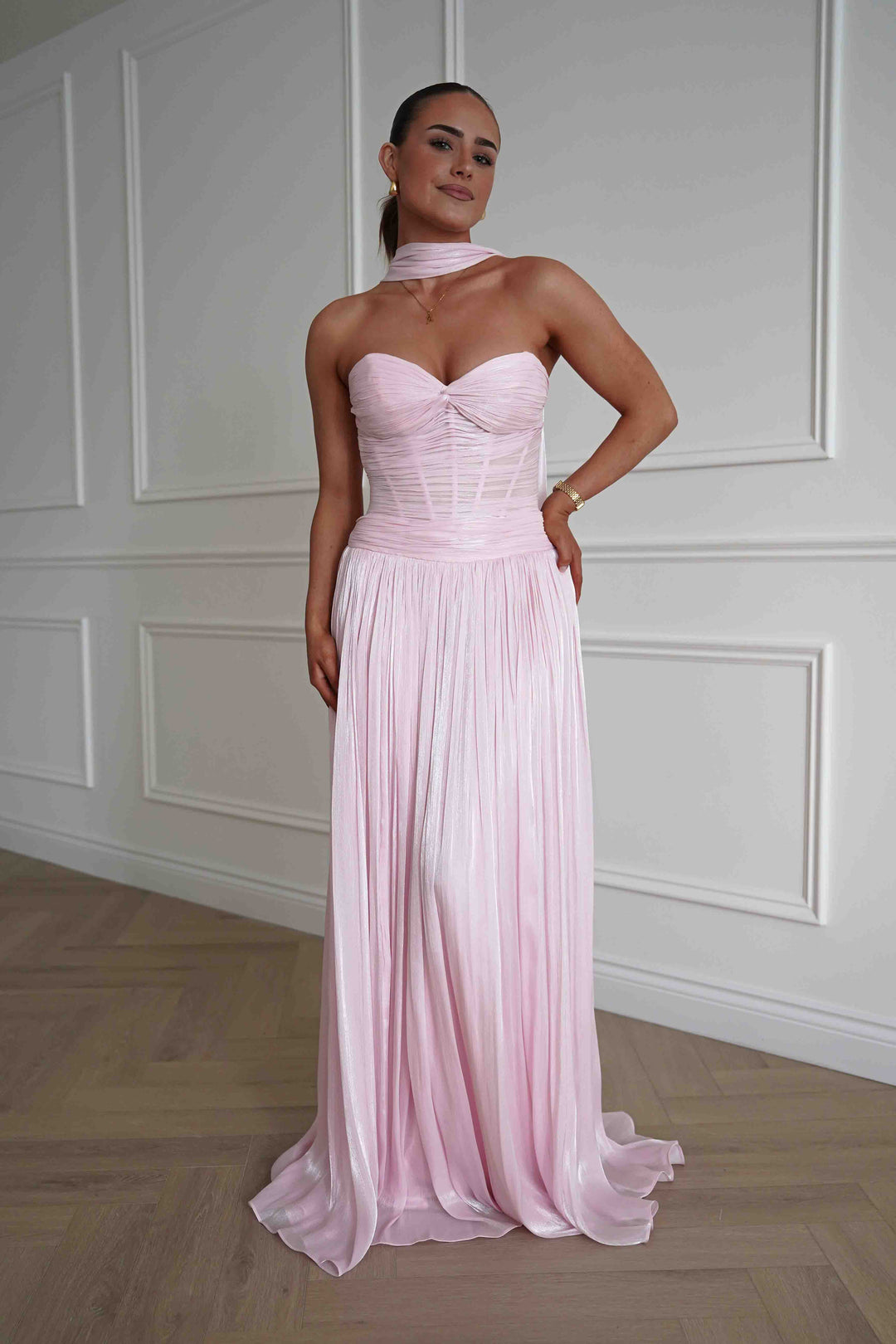 Longoria Pleated Luminescent Maxi Gown | Pink