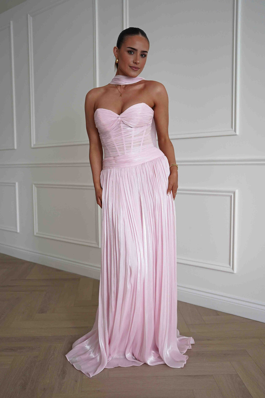 Longoria Pleated Luminescent Maxi Gown | Pink