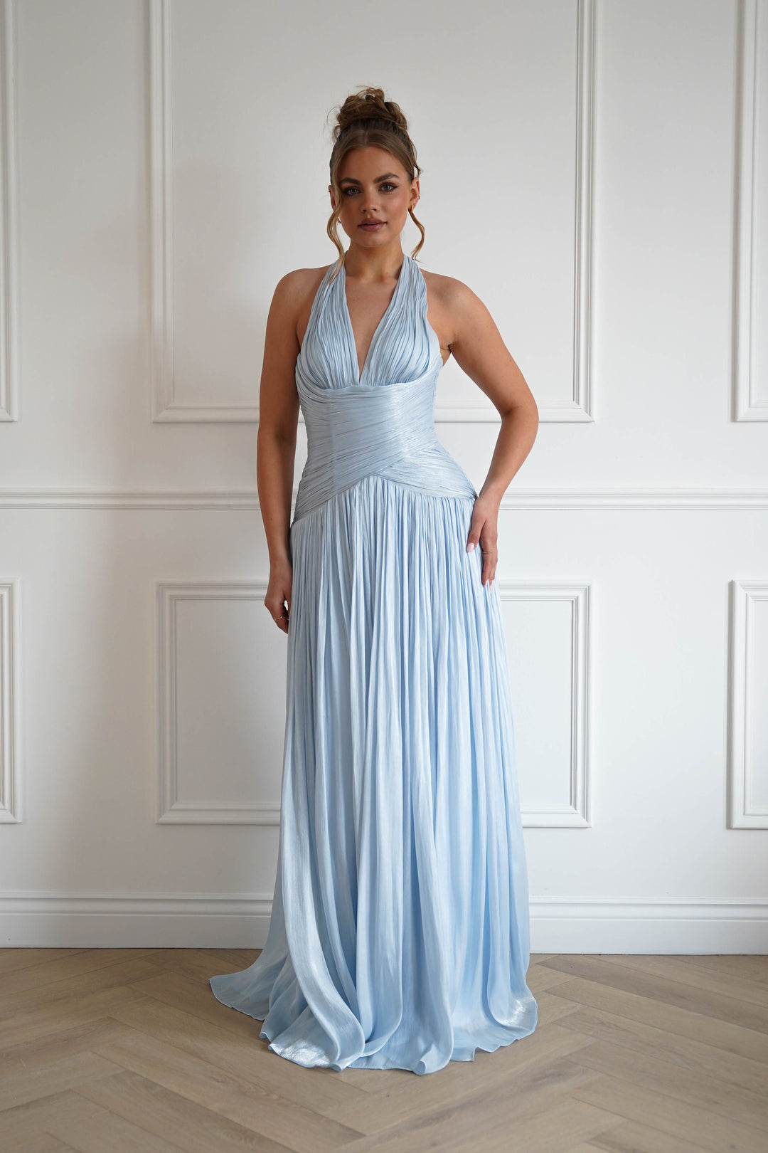 Sharelle Pleated Luminescent Maxi Gown | Sky Blue