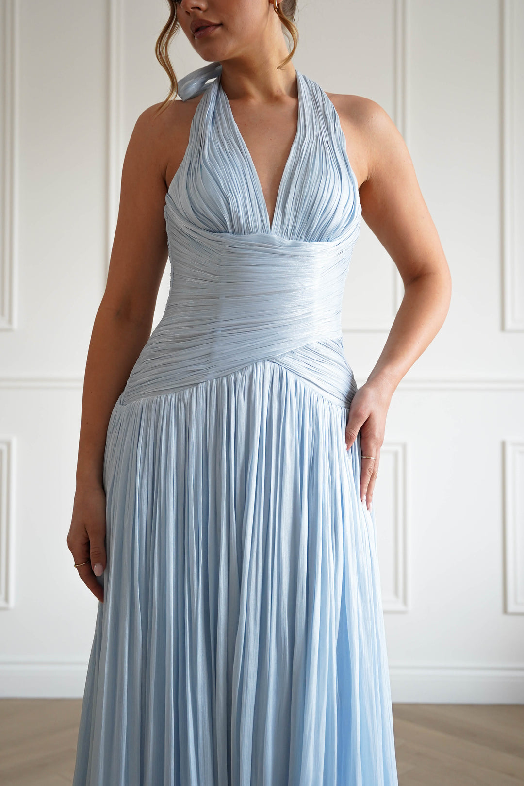 Sharelle Pleated Luminescent Maxi Gown | Sky Blue