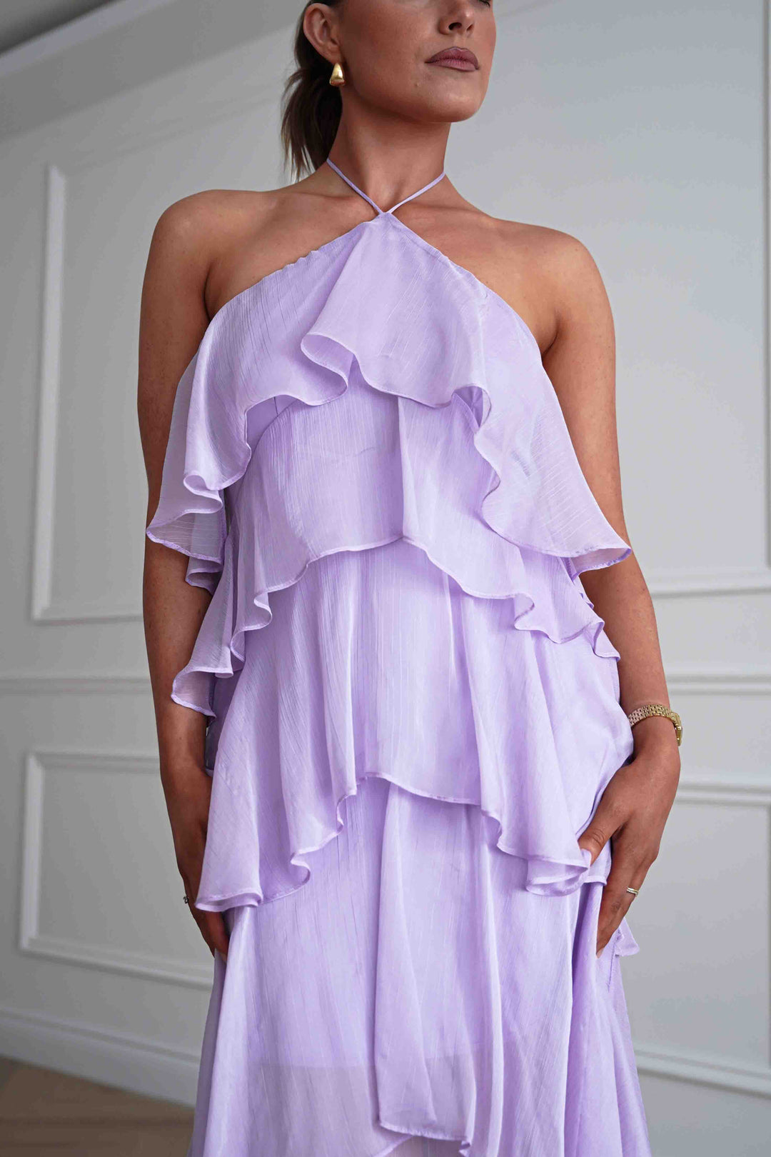 Tala Ruffle Tiered Halterneck Maxi Dress | Lilac