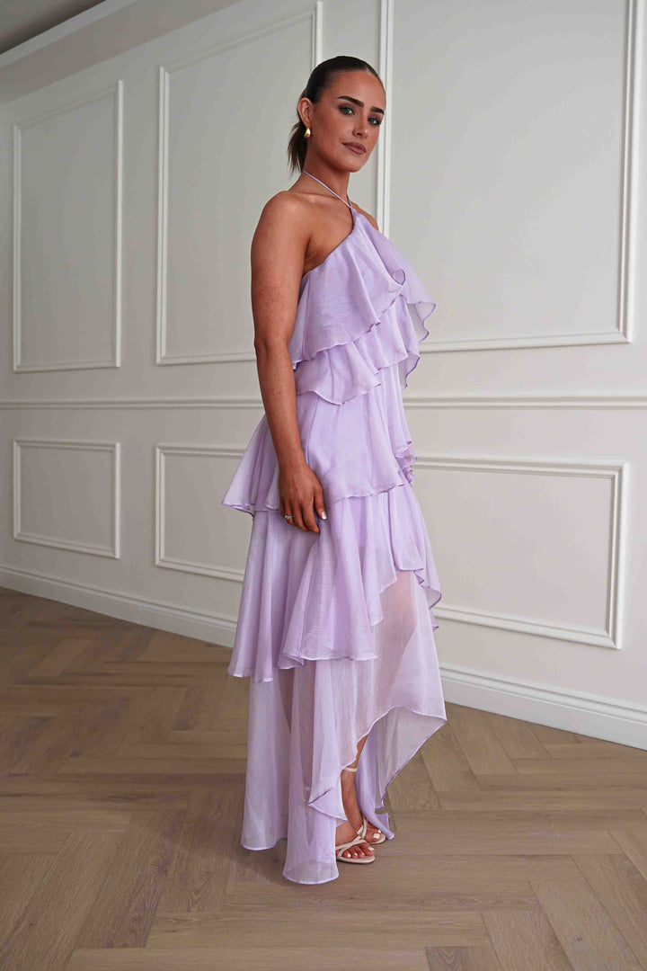 Tala Ruffle Tiered Halterneck Maxi Dress | Lilac