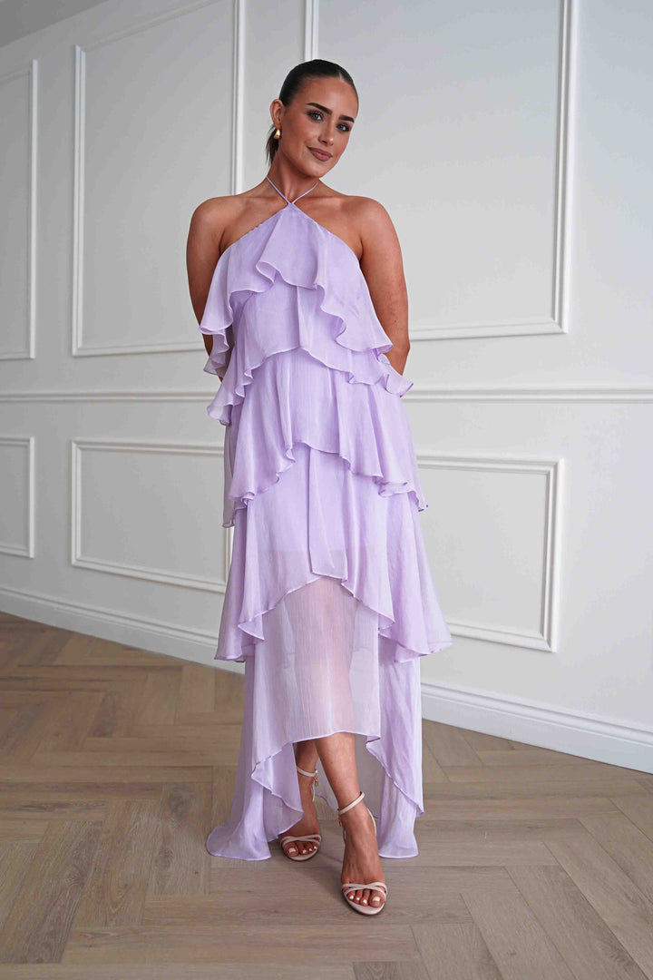 Tala Ruffle Tiered Halterneck Maxi Dress | Lilac