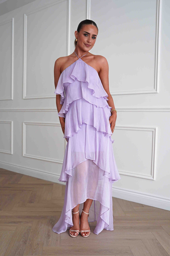 Tala Ruffle Tiered Halterneck Maxi Dress | Lilac
