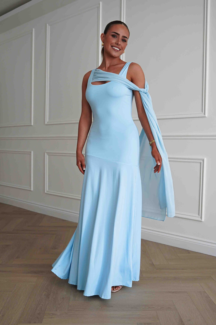Veronika Asymmetric Drape Detail Maxi Dress | Blue